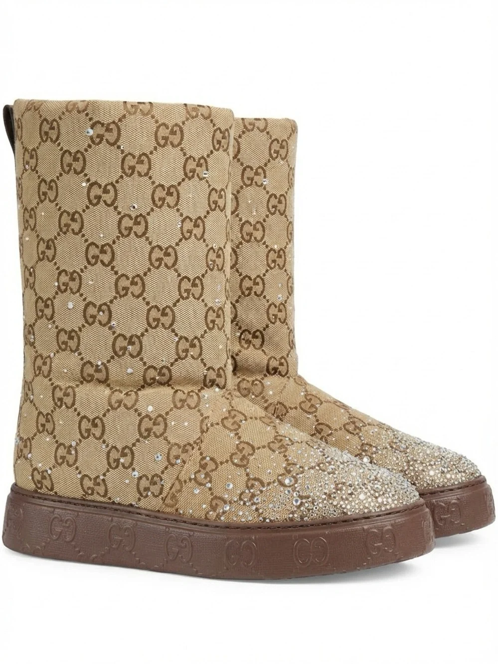 Gucci Beige Monogram Kids Boots with Brown Sole and Crystal Accents